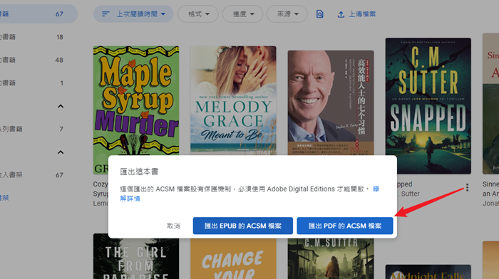 匯出acsm epub pdf檔案